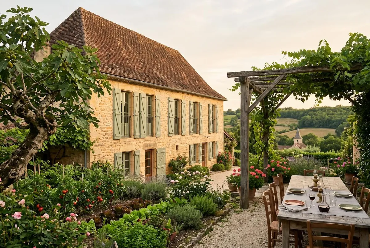 la façade en pierre dorée et ses volets vert sauge, le potager et la pergola