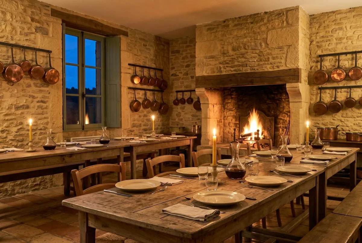 La table d'hôtes — la salle à manger et sa cheminée, le soir