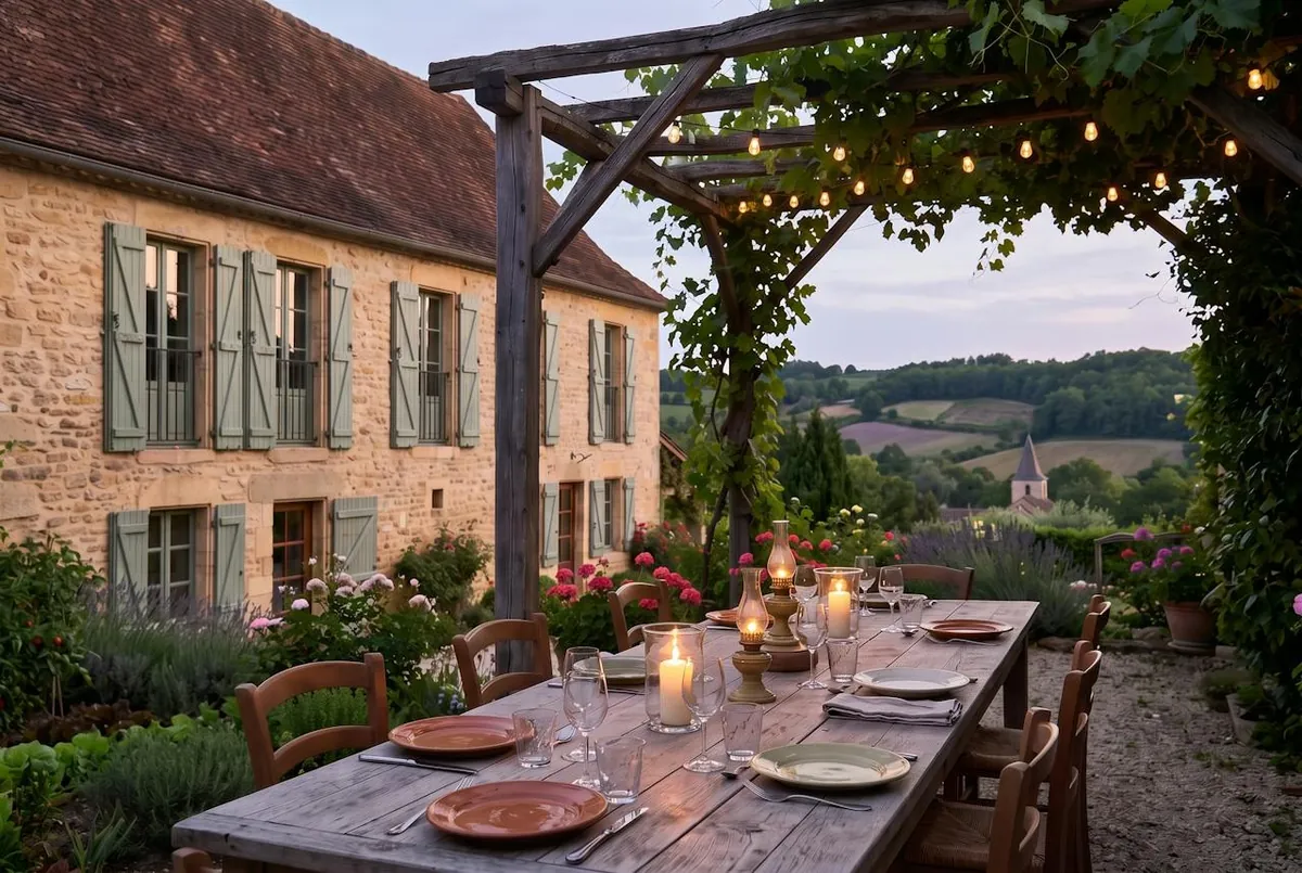 la table sous la pergola au crépuscule